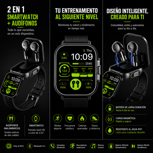 Smart Watch Deportivo con Audífonos 2 en 1 Bluetooth Integrados