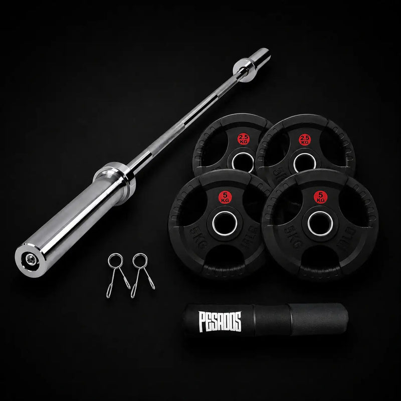 Pack Olímpico ECO 15 kg — Discos GRIP Engomados + Barra + Almohadilla