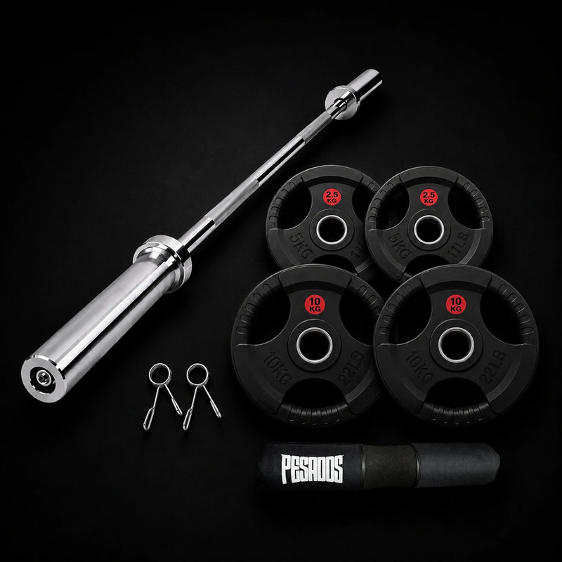 Pack Olímpico ECO 25 kg — Discos GRIP Engomados + Barra + Almohadilla