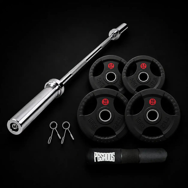 Pack Olímpico ECO 25 kg — Discos GRIP Engomados + Barra + Almohadilla